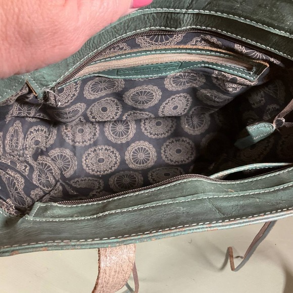 American West Navajo Soul Zip-Top Tote Bag Green Leather Tooled Studded Aztec - Picture 7 of 9